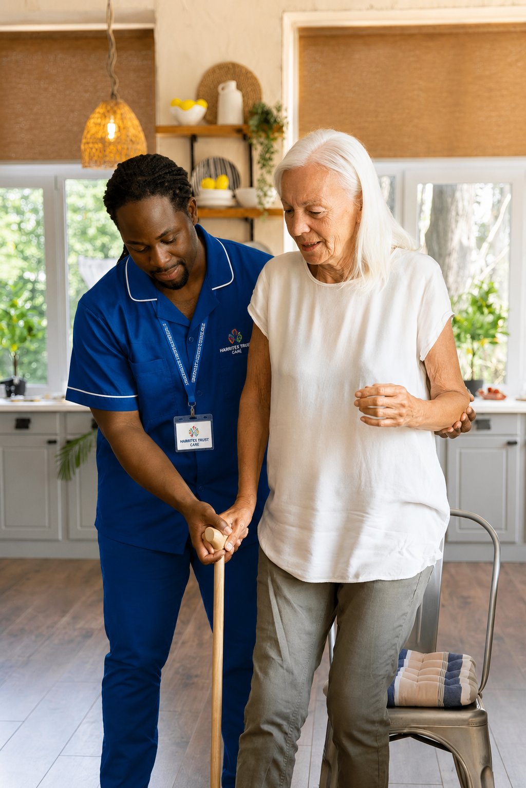 Harritex Trust Care carer supporting elderly client at home